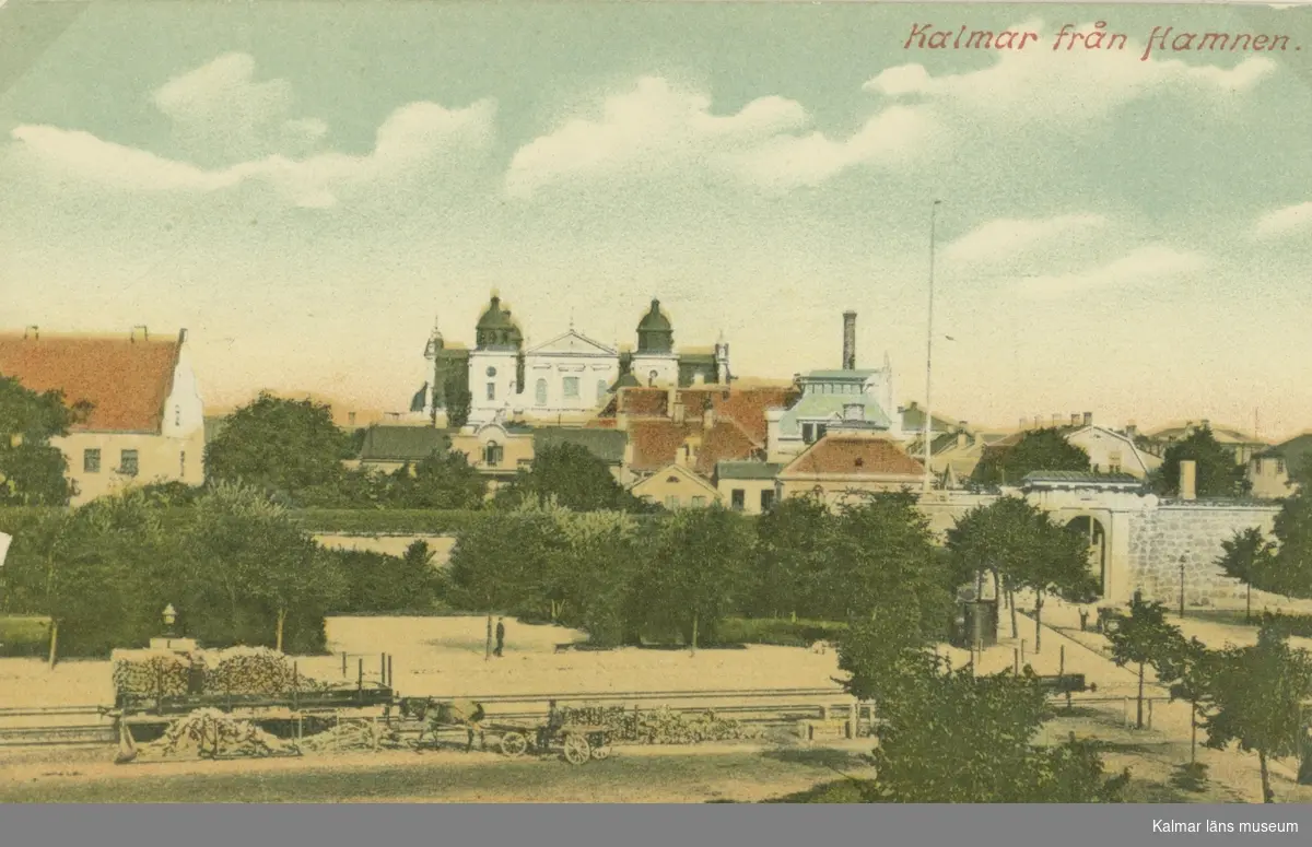Kolorerat vykort med Kavaljersparken sedd från hamnen.