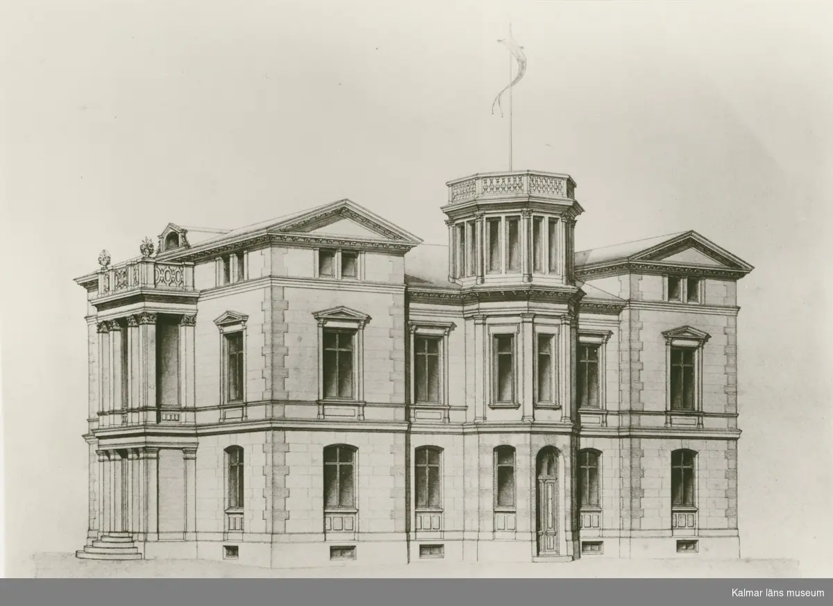 Teckning av villa Skansen. Den som lät bygga villan 1883 var handlaren och v. konsuln John Oskar Roosval. Arkitekten John Wilhelm Löfmark har ritat villan.