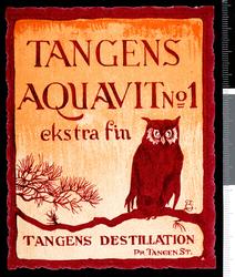 Spritetikett. Tangens Aquavit No 1, Ekstra fin. Tangens Dest
