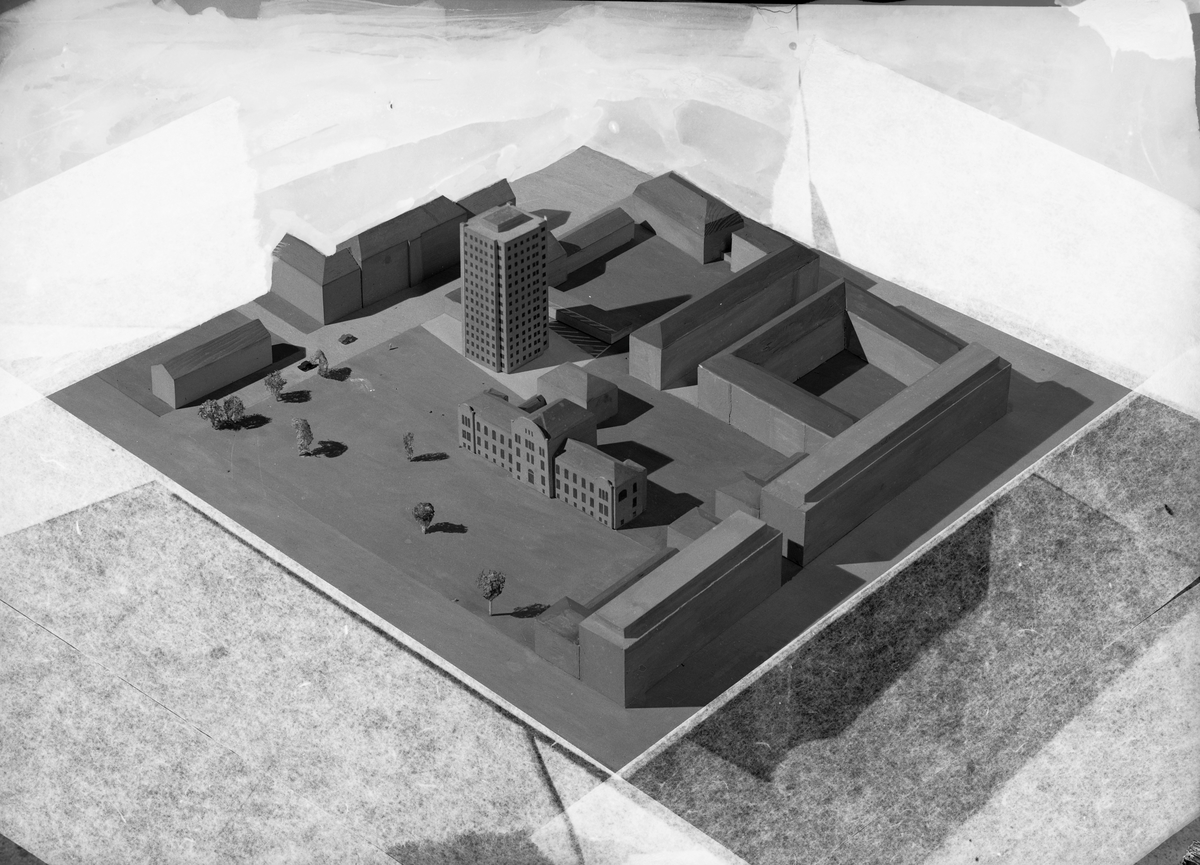 Modell av området rundt E.C. Dahls stiftelse med det planlagte punkthuset