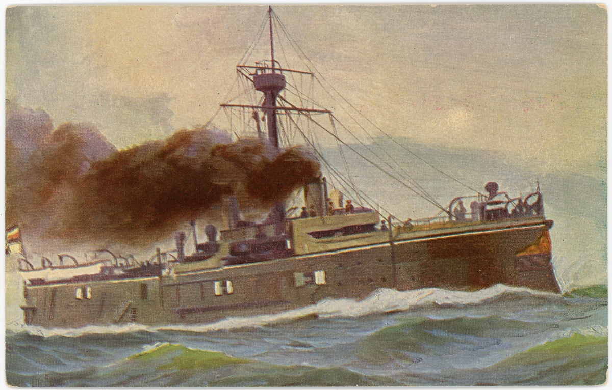 Tryckt holländskt vykort av målning av det tyska pansarskeppet OLDENBURG (1884)