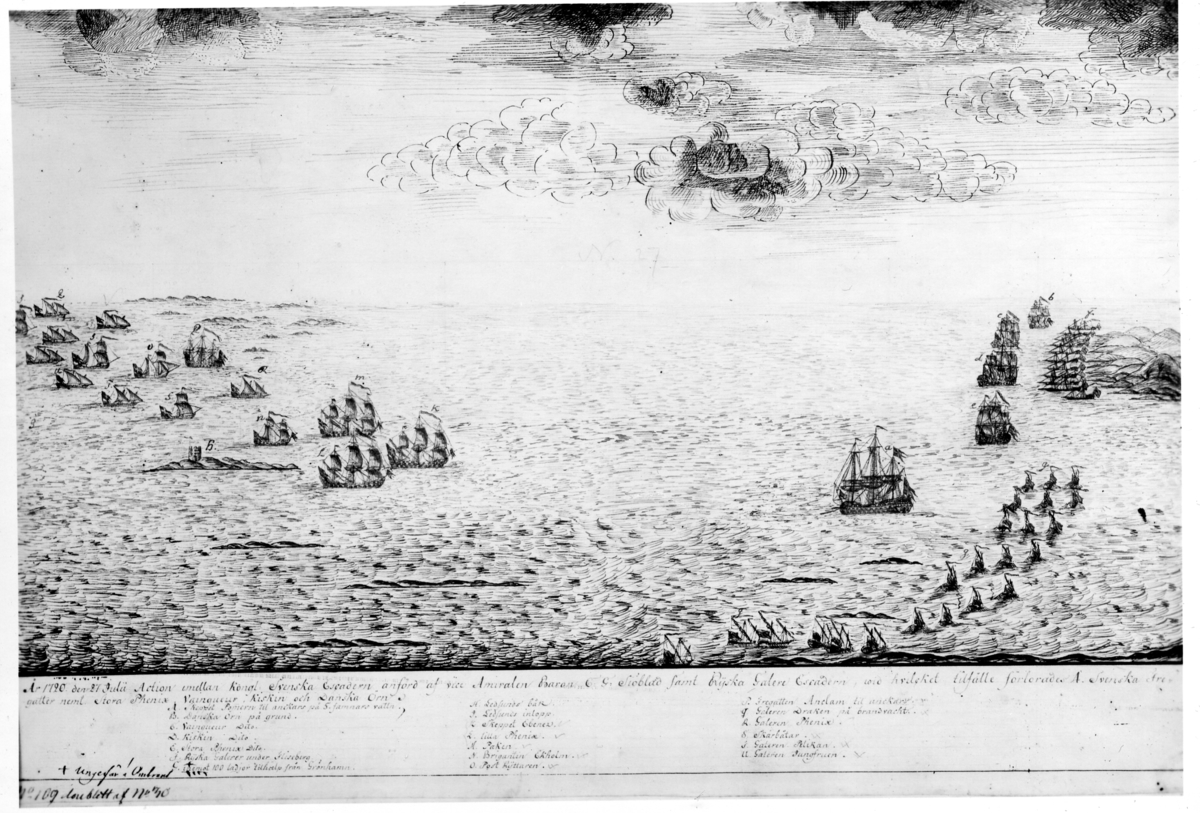 Bataillen vid Leesund emellan ryska gallere Escaderen och ett datachement under vice Amiral Baraon CG Sjöblad under 27 juli 1720. 
Reproduktion