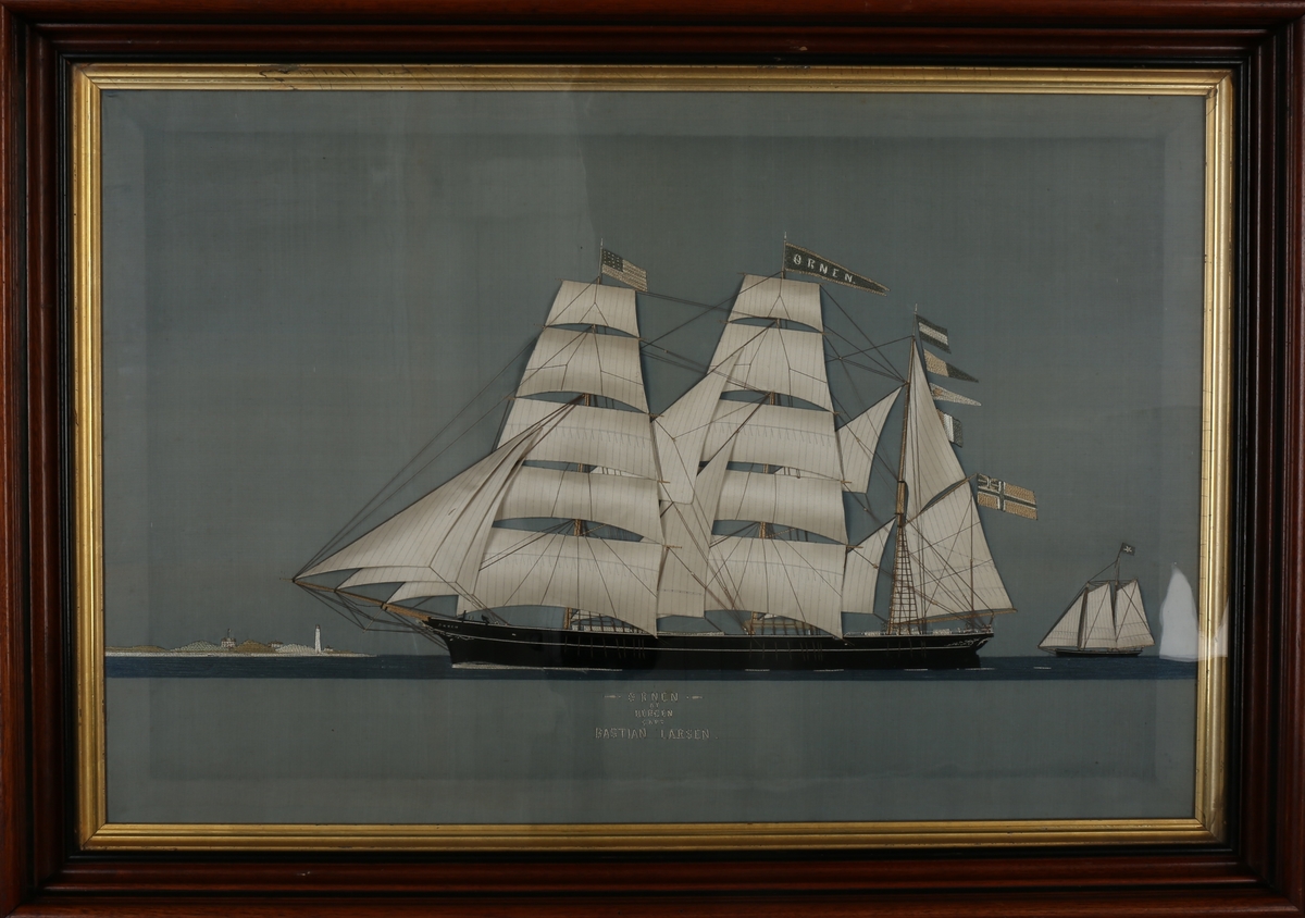Skipsportrett av bark ØRNEN utført i Ostindien med unionsflagget akter, samt Det Amerikanske flagg i masten.