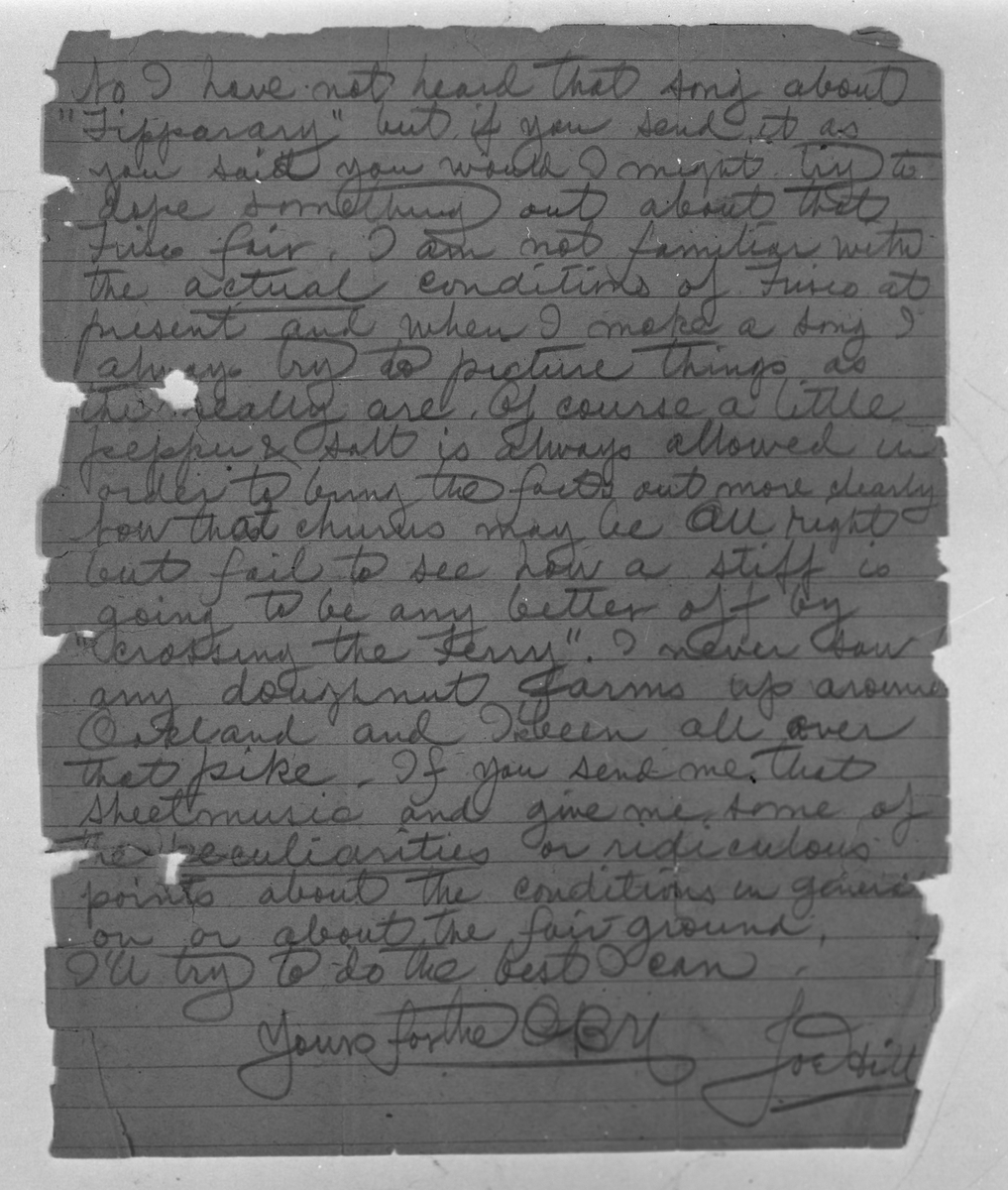 Reprofoto av brev som Joe Hill (Joel Hägglund) skrivit, 2 december 1914.