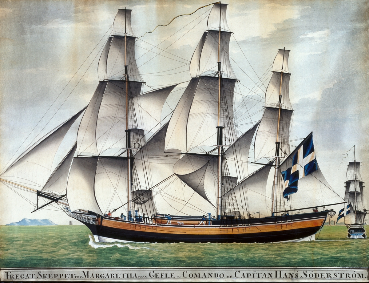 Fartygsmålning, akvarell/gouache på papper av fullriggaren/fregattskeppet "Fru Margaretha från Gefle". Okänd konstnär.