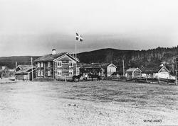 Gårdsbruk, hester, personer, flagg, flaggstang.