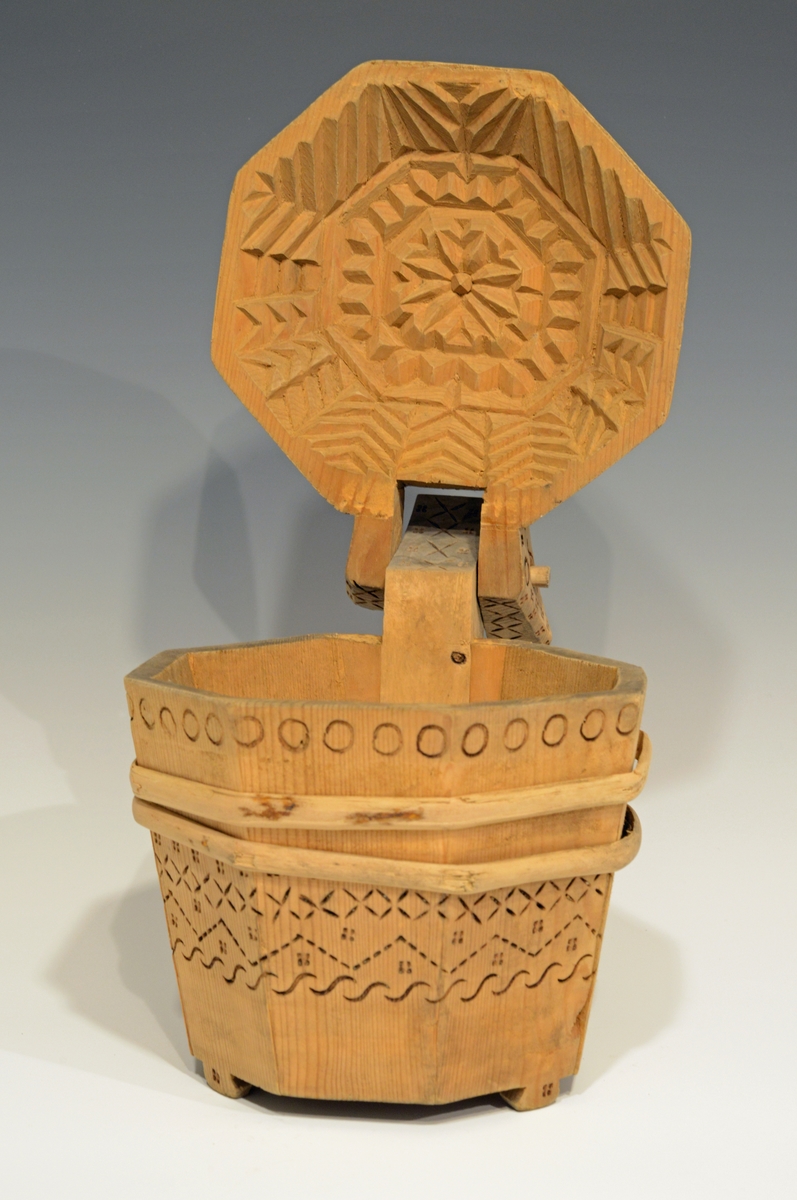 Fra katalog: Ottekantet smørkande og stav med hank og laak og tre smaa føtter, utvendig svimerket og en slynget ring oppe paa laaket, indvendig
rik rosette. Under staar brændemerket: A OSS 1823,