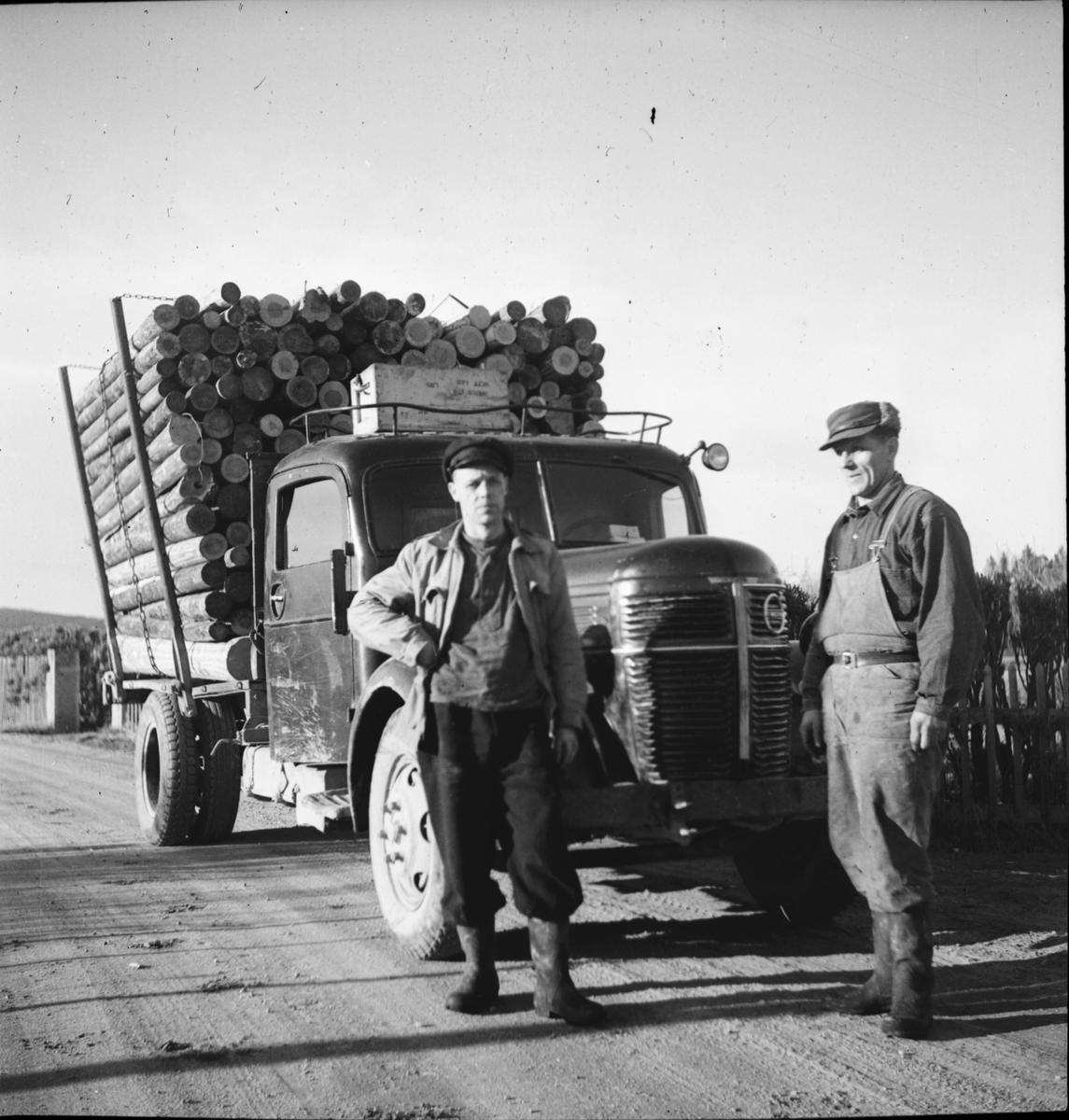 Två män framför lastbil med timmerlass.