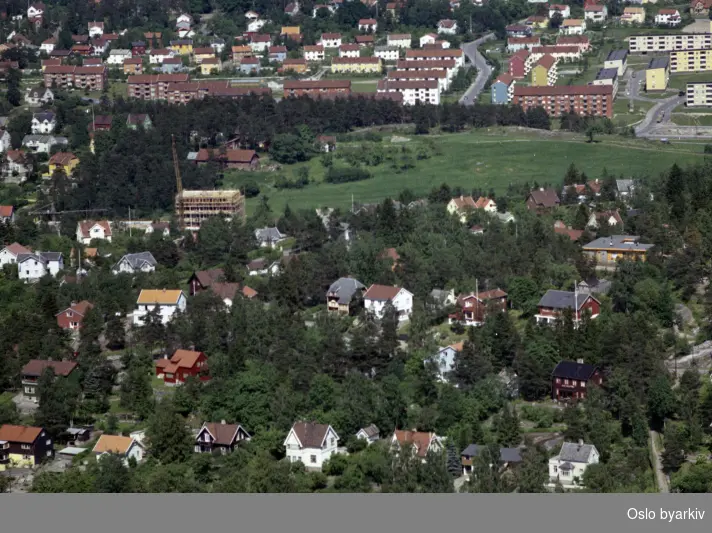 Olleveien i front. Luxo-bygget, Solfjellshøgda med Ryen gård midt i bildet. Manglerudveien, Svartdalsveien, Plogveien. Blokker på Nedre Manglerud i bakgrunnen. (Flyfoto)