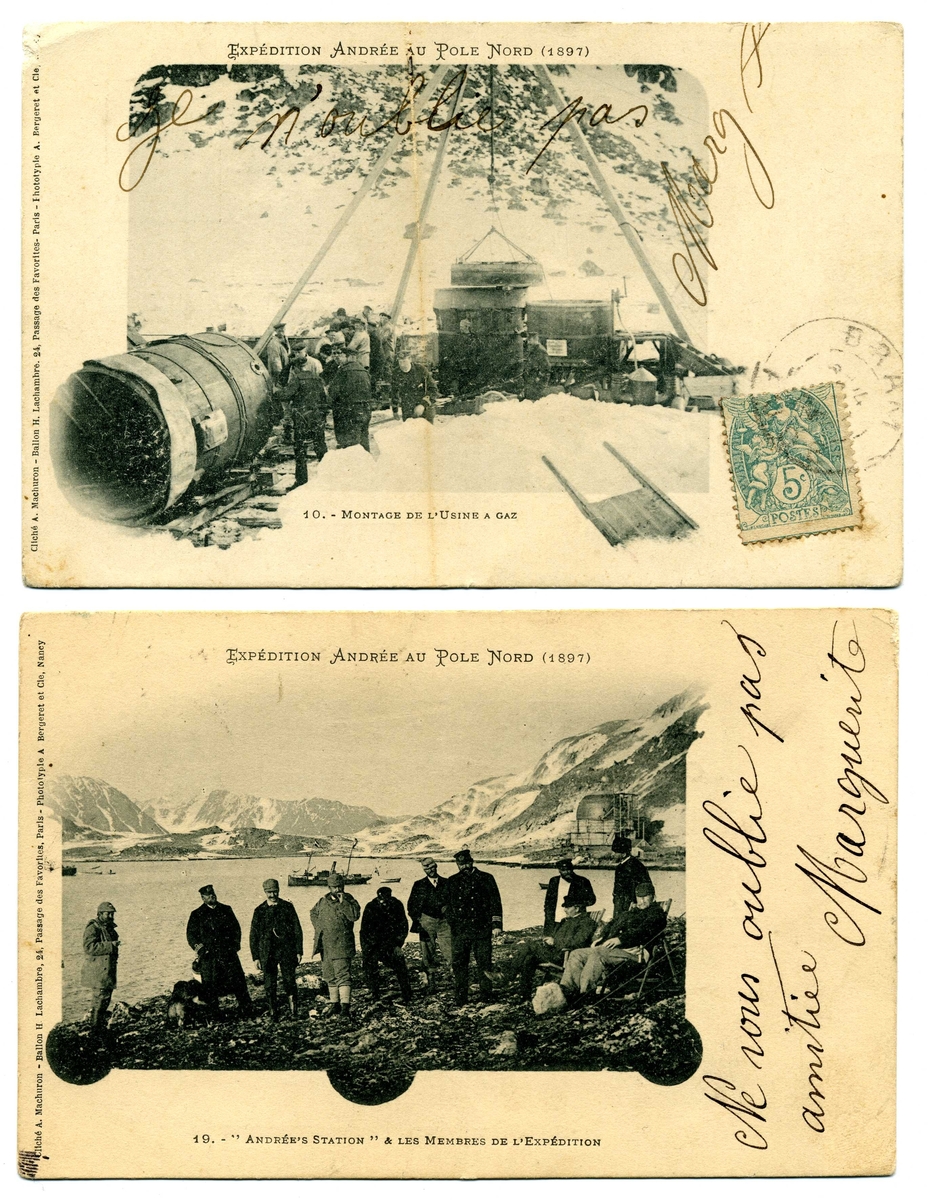 Två vykort ur den franska serien: "Expedition Andrée au Pole Nord (1897)", nr 10 och 19. Montage av vätgasapparat respektive tyskt besök på Danskön.
Frankerade och adresserade till monsieur Laurac i, troligen, Toulouse. Poststämpel möjligen 1904.