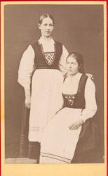 Portrett. To unge kvinner i bunadlignende kjoler, stakk med 