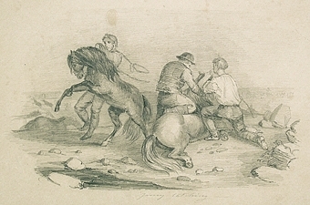 Enligt liggaren: 3 män med 2 hästar, under: "Jerny (?) catching" med Edvard Nonnens stil, troligen av honom.