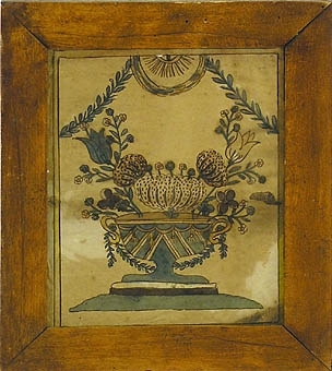 Enl. Liggaren; " Tavla, allmogemålning : en vas med blommor, över en sol och ett par guirlander. ingen skrift; gul björkram; glaset ursprungl. av 2 delar.

L.H. A.23543