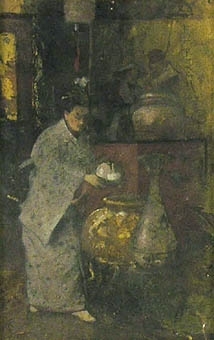 Enligt liggaren: Kinesiskt motiv med kvinna i kimono vid stora urnor. Glas och räfflad, gråmålad träram. :: Montering/Ram: Monterad i grå ram.