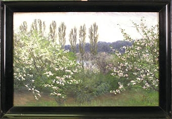 Enligt liggaren: Landskap med blommande buske, sign. "Till Agnes från Ida Gisiko-Spärck", svartmålad träram. :: Montering/Ram: Monterad i svart ram.