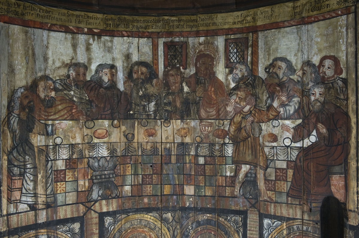 Nattverden - Jesu siste måltid med disiplene. Veggmalerier med religiøse motiver, datert 1652, fra apsis i Gol stavkirke på Norsk Folkemuseum.