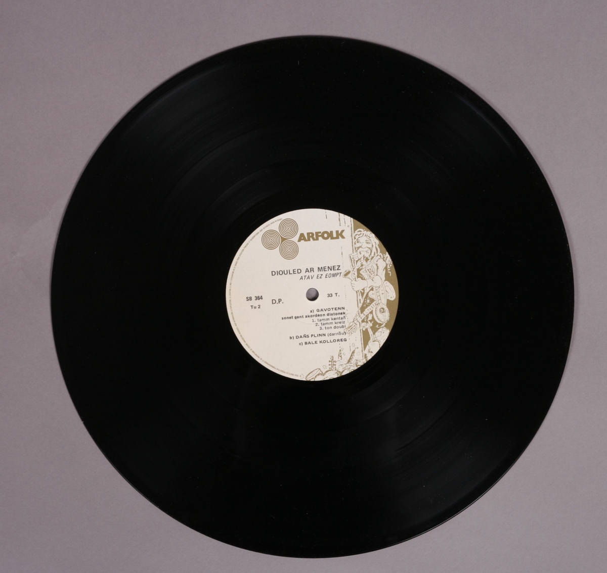 Grammofonplate i svart vinyl og plateomslag i papp. Plata ligger i en plastlomme. Inneholder fire A4-ark med manus (?) merket "bånd-kopi" og "musikk av Bretange" (se bilde).