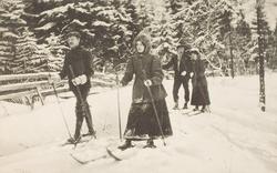 Skiløpere i vinterlandskap. Postkort.