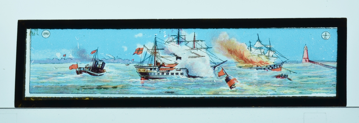 7 avlange glassplater med forskjellig motiv.