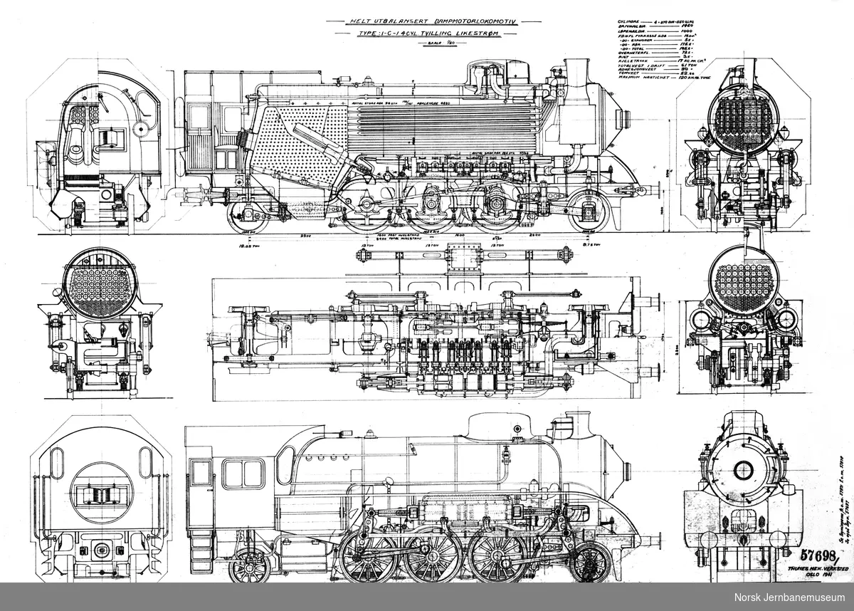 Utkast: Helt utbalasert dampmotorlokomotiv - Type 1'C1' 4 cyl. tvilling likestrøm