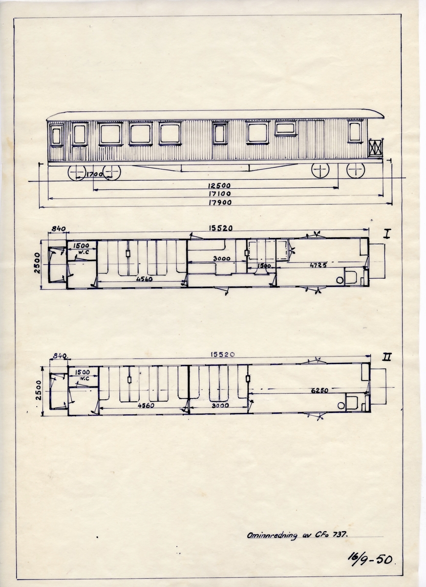 Håndtegnet arbeidstegning. Hovedtegning i forbindelse med ominnredning av Cfo 737, dvs smalsporet passasjervogn med konduktøravdeling. Datert 1950.
