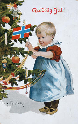 Julekort med tegnet motiv av et lite barn med kort hår og blå forklekjole som henger norsk flagg på et juletre med mye pynt. Påskriften "gledelig jul" med røde bokstaver øverst.