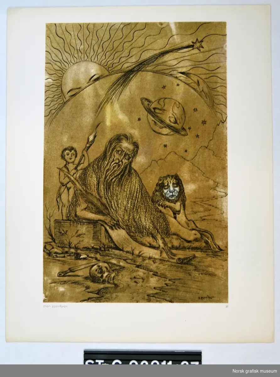 En eldre mann sitter med fjærpenn og skriver på en lang rull. Ved hans side ligger en løve, og bakgrunnen viser en personifisert måne og sol.