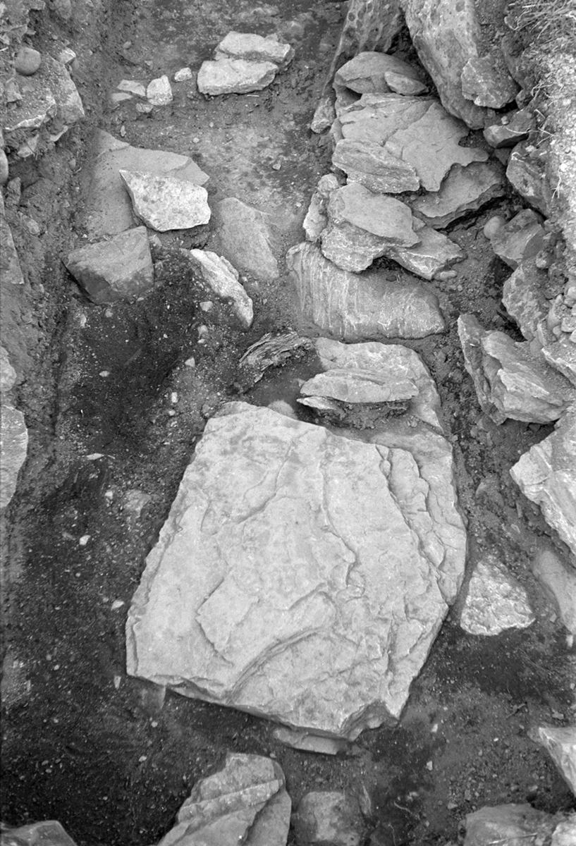 Arkeologisk undersøkelse i grøft Storhamarhagen 1970. Rester av mur ved veien inn til Storhamar gård.