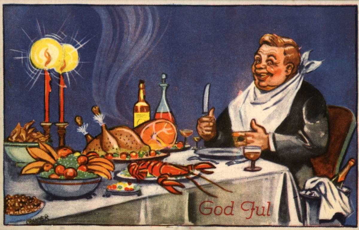 Julekort. Ubrukt. Interiør. Bord med mye mat og godt drikke. Fornøyd mann ved bordenden. Illustrert av Birger Cranner.