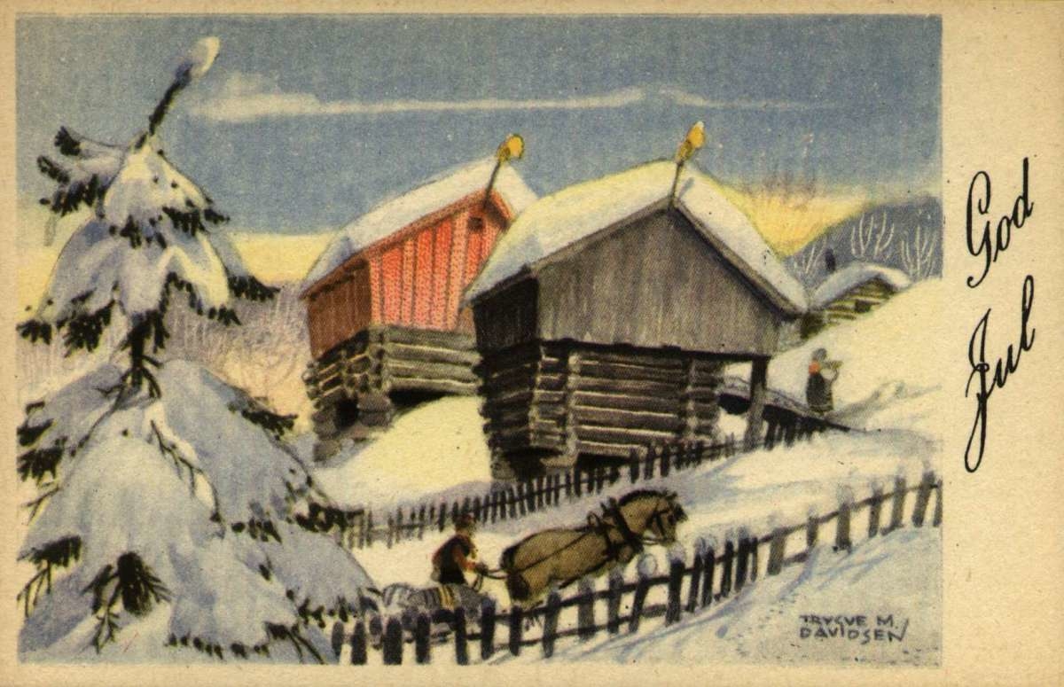 Julekort. Ubrukt. Vintermotiv. Mann med hest og slede på
vei til gårdstun. Illustrert av Trygve M. Davidsen.