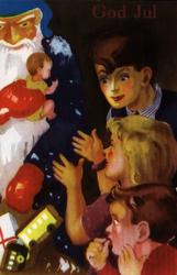 Julekort. Ubrukt. Nissemotiv. Julenisse med gaver til spente