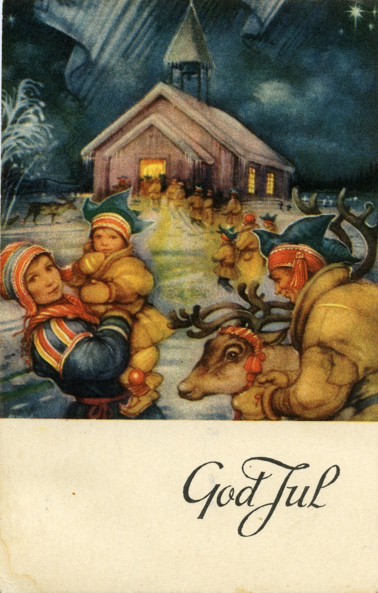 Julekort. Jule- og nyttårshilsen. Kirkegjengere i samedrakt på vei mot en opplyst kirke. Nordlys på himmelen. Stemplet 15.12.1945.