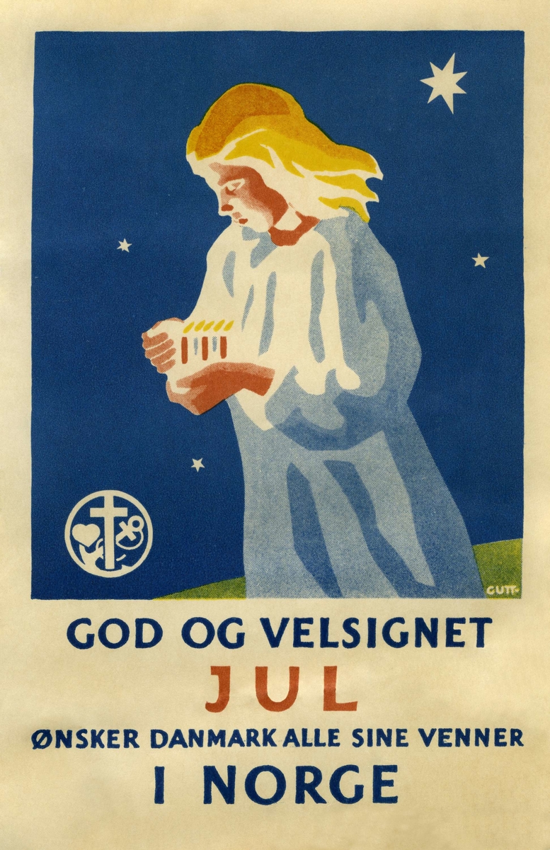 Julekort. Julehilsen. En hvitkledd dame holder en lysestake med lys. Tekst på kortet "God og velsignet Jul ønsker Danmark alle sine venner i Norge".