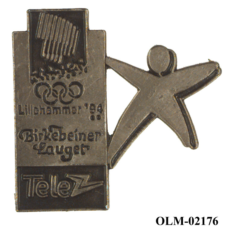 Utstanset merke bestående av emblemet for Lillehammer '94, Birkebeinerlauget og Tele sammen med logo for "Folk i form til OL"