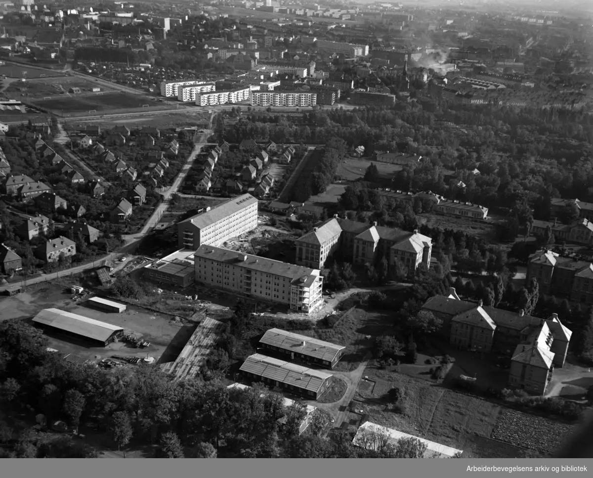 Ullevål Sykehus. Sagene kirke og Voldsløkka i bakgrunnen. Flyfoto. Oktober 1951