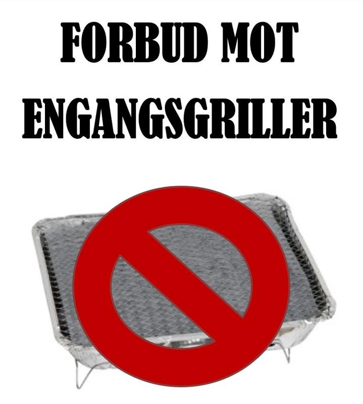 Det er totalforbud mot engangsgriller i museumsparken. Plakat med teksten "forbud mot engangsgriller" og et bilde av en engangsgrill med et stort, rødt forbudstegn over.