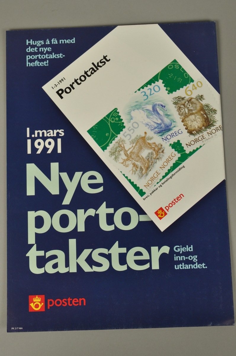 Informasjonsplakat fra Posten: Nye portotakster fra 1.3.1991. Bokmål og nynorsk.