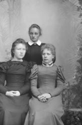 Portrett. Tre unge kvinner, to sittende. Rakel Nilsen