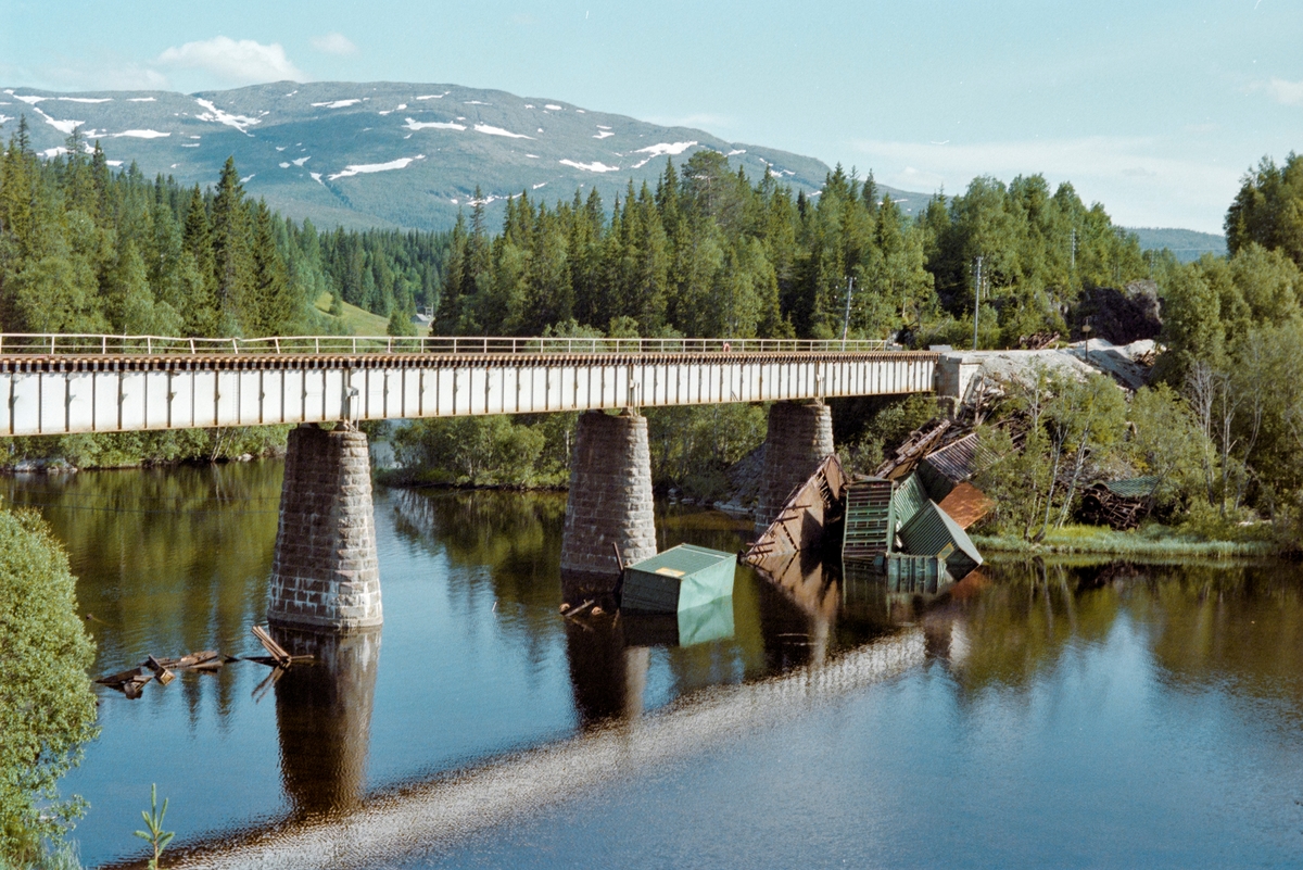 Avsporet godstog på Folmer bru mellom Lassemoen og Harran på Nordlandsbanen.
