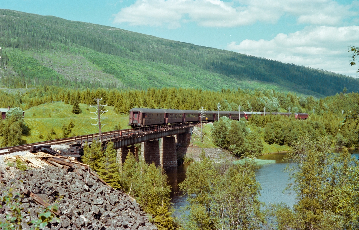 Avsporet godstog på Folmer bru mellom Lassemoen og Harran på Nordlandsbanen. Et av de første persontogene passer etter avsporingen.