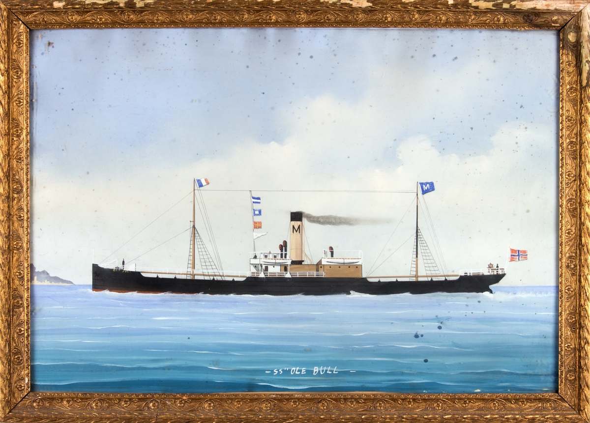 Skipsportrett av DS OLE BULL under fart. Fører norsk flagg akter rederivimpel i bakre mast samt fransk flagg i formasten.