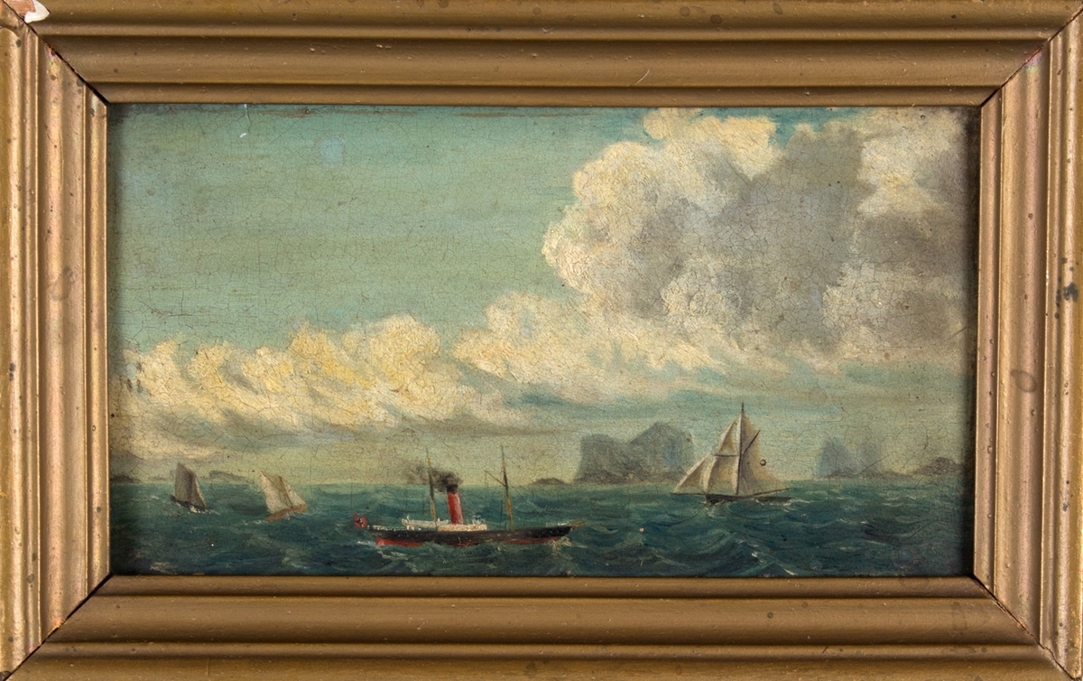 Maleri av DS KONG OSCAR under fart. Ser en del mindre seilfartøy i bakgrunn samt holmer i bakgrunn.
