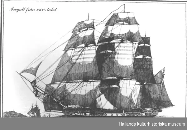 Plansch, papper. Svart tryck. Text: "Fregatt från 1800-talet".