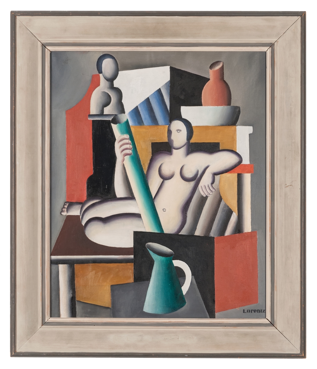Oljemålning, olja på duk, "Modellen" av W. Lorentzon. Kvinnlig, naken modell, fat, kannor m.m. i en kubistinfluerad stil.