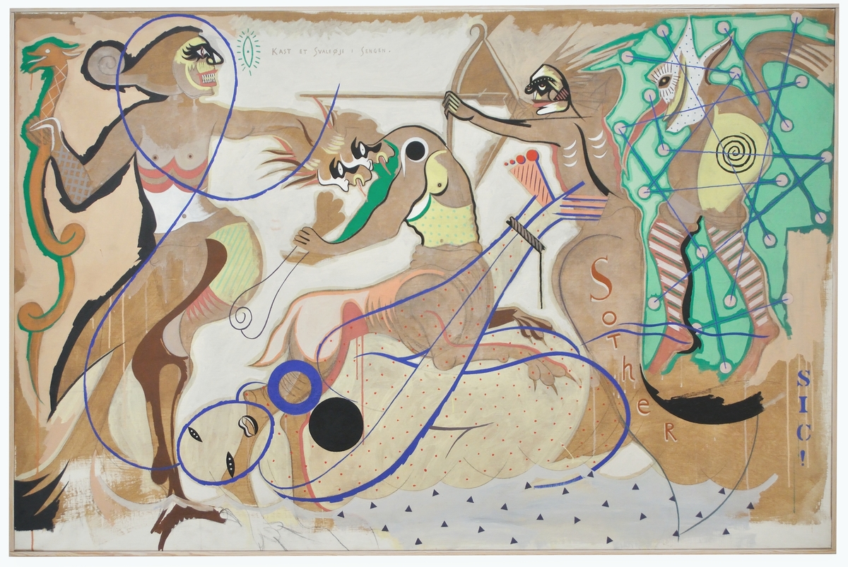 "SIC!" av Carsten Regild, med stor sannolikhet från 1984.
Modernistisk, färgrik och rörlig bild som domineras av fyra fabeldjur. Rebusliknande. Nedtill i förgrunden stor blå konturmålad liggande kvinnokropp. Rikligt med symboler och klassiska ornamnet, orm, volut, ben, pilbåge, strålkransade ögon, spiral, cirklar och streck, trianglar m.m. Citat "Kast et svaløje i sengen.", "Sother" och "SIC".  Osignerad.