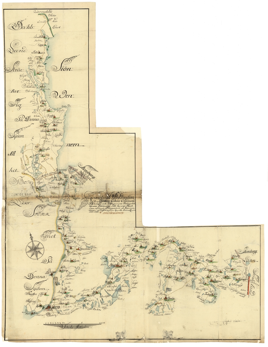 Karta som visar de ordinarie posthemman som fanns i Älvsborgs län, Västergötland år 1743. Den är ritad efter gamla sockenkartor. Alla kyrkor som fanns i området ha rmärkts ut. Kartan är ritad och färglagd för hand. Till formen är kartan klippt i "trappsteg", efter länets gränser.