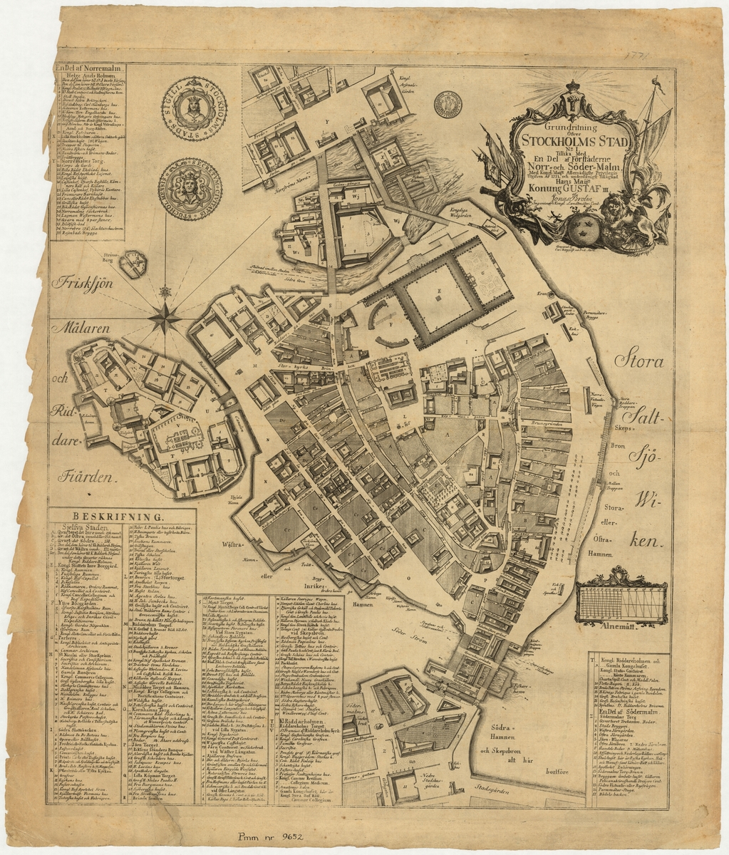 Stadskarta över Stockholm med Norrmalm och Södermalm, graverad år 1771 av Carl Bergquist och Fredrik Akrell, utgiven av Jonas Brolin vid Kungliga Lantmäterikontoret.