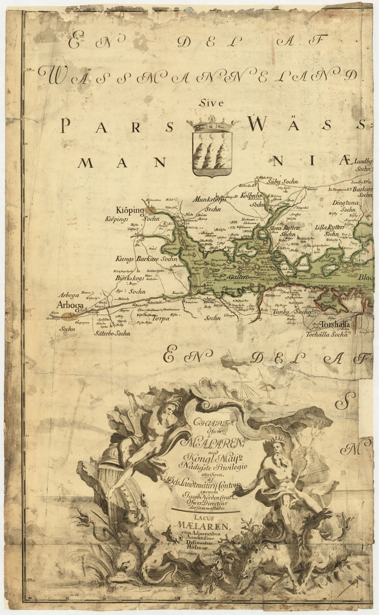 Del av karta över Mälaren och Mälardalen. Endast västra delen, med Västmanland, finns. Kartan är graverad, med Mälaren färglagd. Titeln omges av figurer.