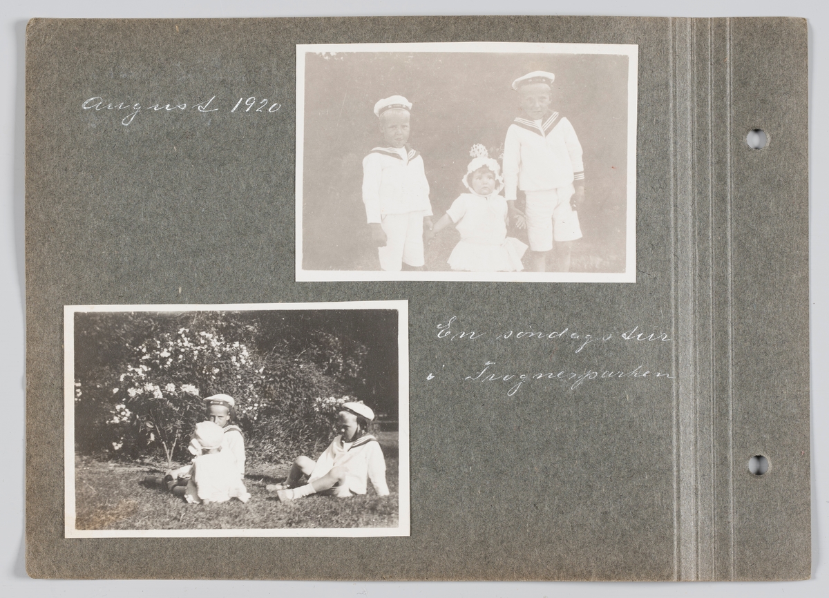 Begge bilder: Erling, Arvid og Vera Michelsen på søndagstur i Frognerparken,  august 1920.