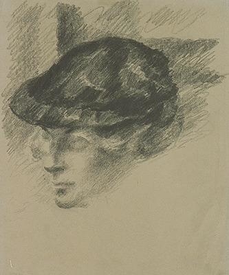 Kvinne med flat hatt [Tegning]